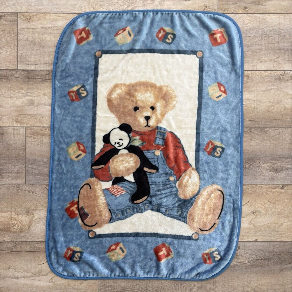 Vtg Blue Jean Teddy Bear Plush Fleece Baby Blanket Panda Blocks Welcome World